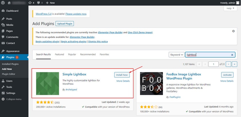 安裝并激活 Simple Lightbox 插件