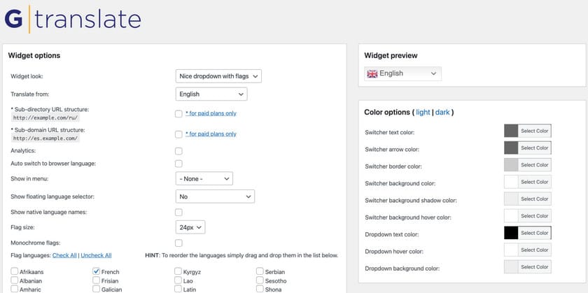 GTranslate 用戶界面