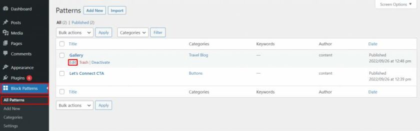 Block Patterns 窗口中名為 Gallery 的塊模式下的 Edit 鏈接