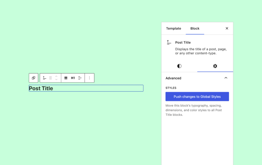 顯示了帖子標(biāo)題塊的 WordPress 帖子編輯器。 在側(cè)邊欄中，有一個(gè)按鈕用于將更改推送到“高級”選項(xiàng)卡下的全局樣式。