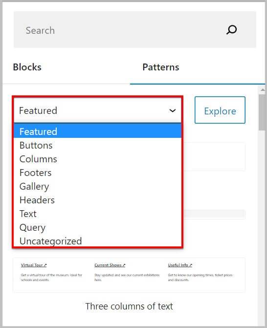 WordPress 6.2 BETA 之前的模式類(lèi)別下拉