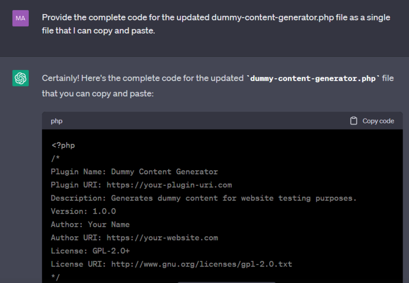ChatGPT 提示和響應(yīng)的屏幕截圖。