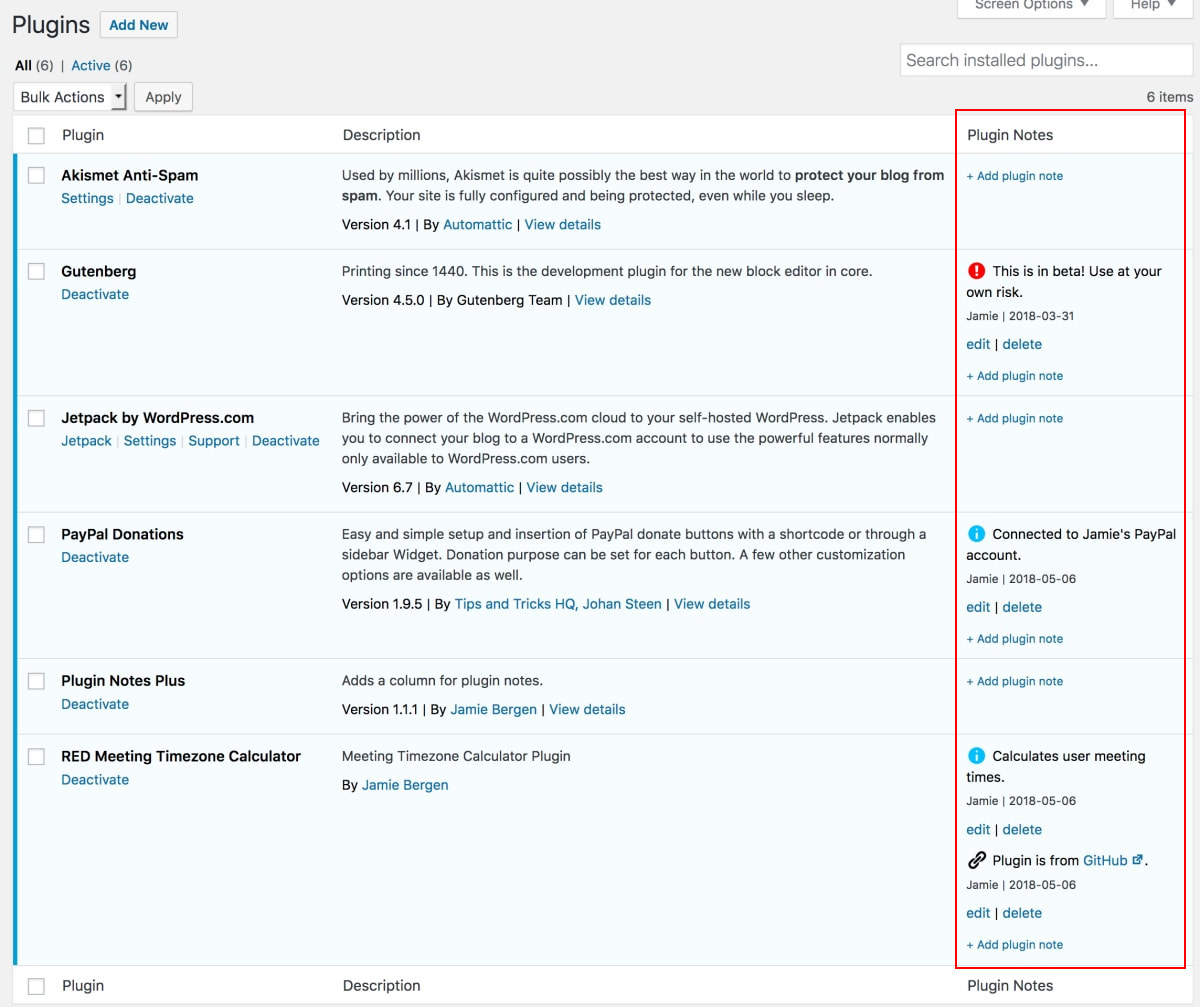 Plugin Notes Plus：在 WordPress 后臺插件列表添加備注信息 - Plugin Notes Plus