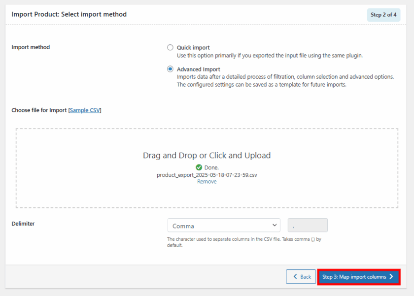 產(chǎn)品進(jìn)出口流程第 2 步：選擇高級(jí)導(dǎo)入流程