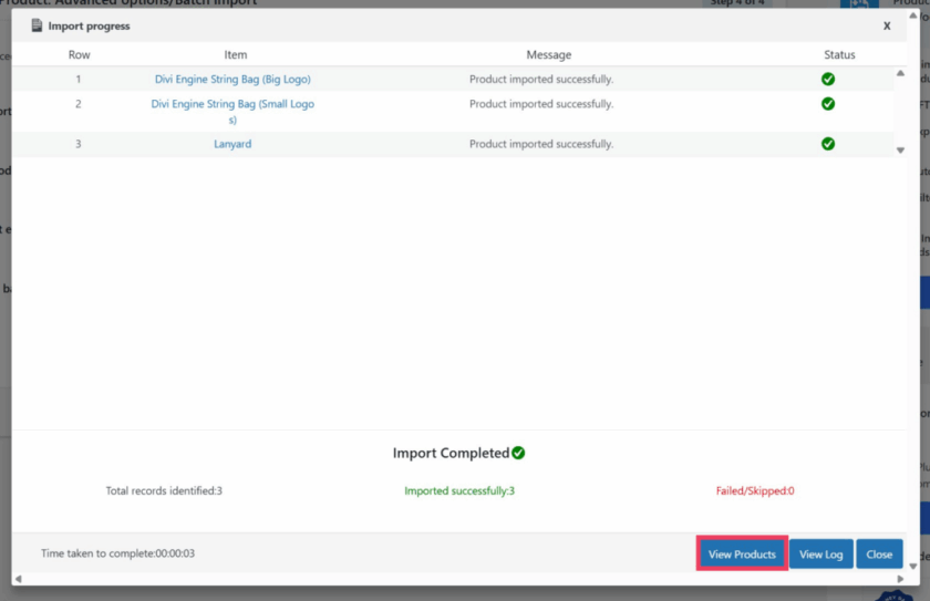 高級(jí)導(dǎo)入后的產(chǎn)品導(dǎo)入導(dǎo)出成功屏幕
