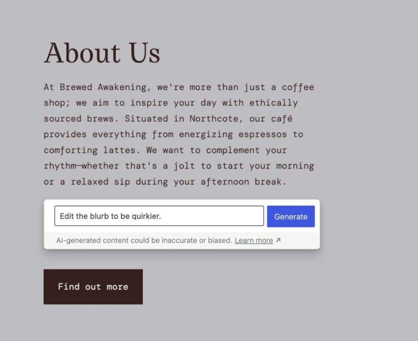 替代文本：咖啡館的“關(guān)于我們”部分重點介紹符合道德標準的啤酒和舒適的氛圍。