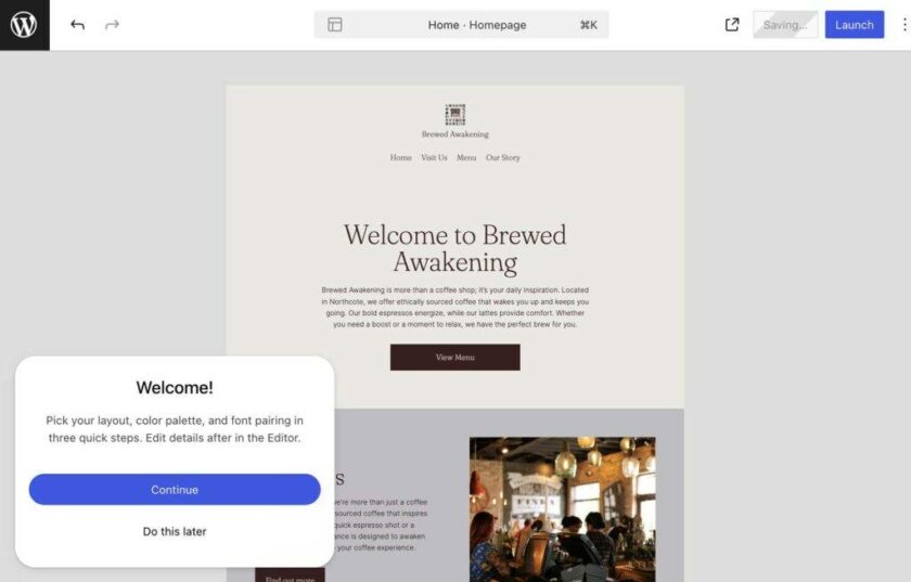 替代文本：“Brewed Awakening”咖啡店主頁的網(wǎng)站編輯器。